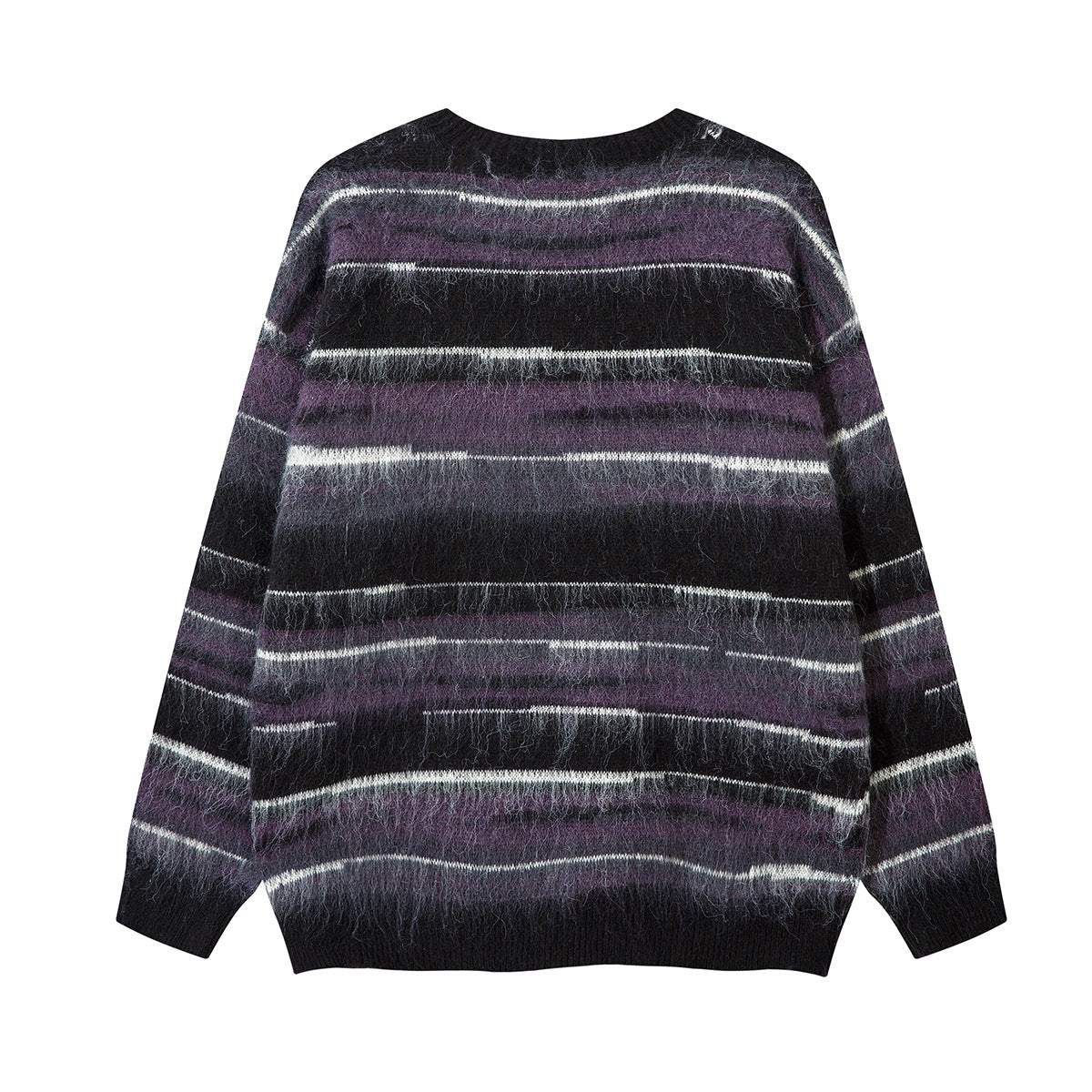 Striped Fuzzy Knit Crew Neck Sweater – Relaxed Fit Mohair-Style Pullover