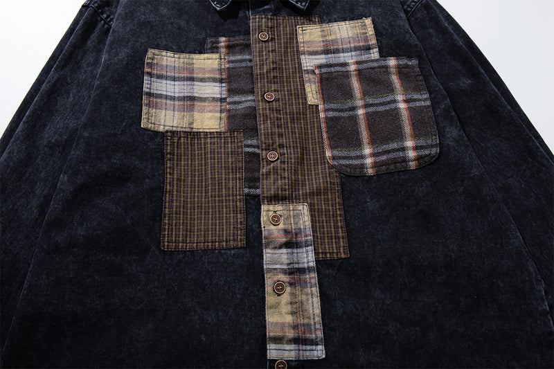 Patchwork Plaid Washed Denim Shirt – Oversized Vintage Nomad Style