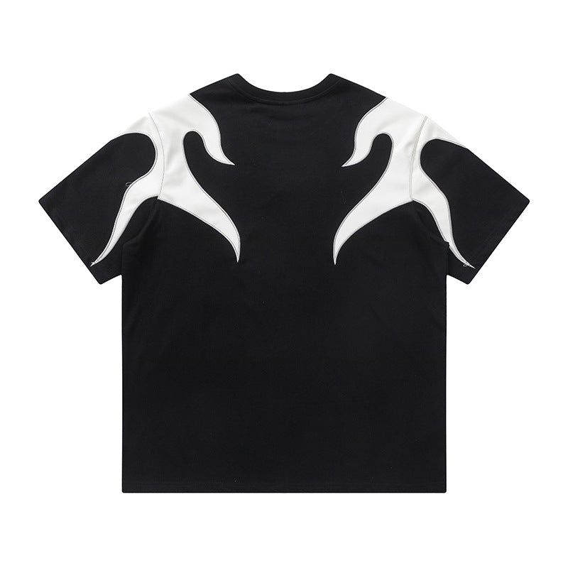 Herren-T-Shirt in Schwarz mit Flammen-Totem-Patchwork und Stickerei