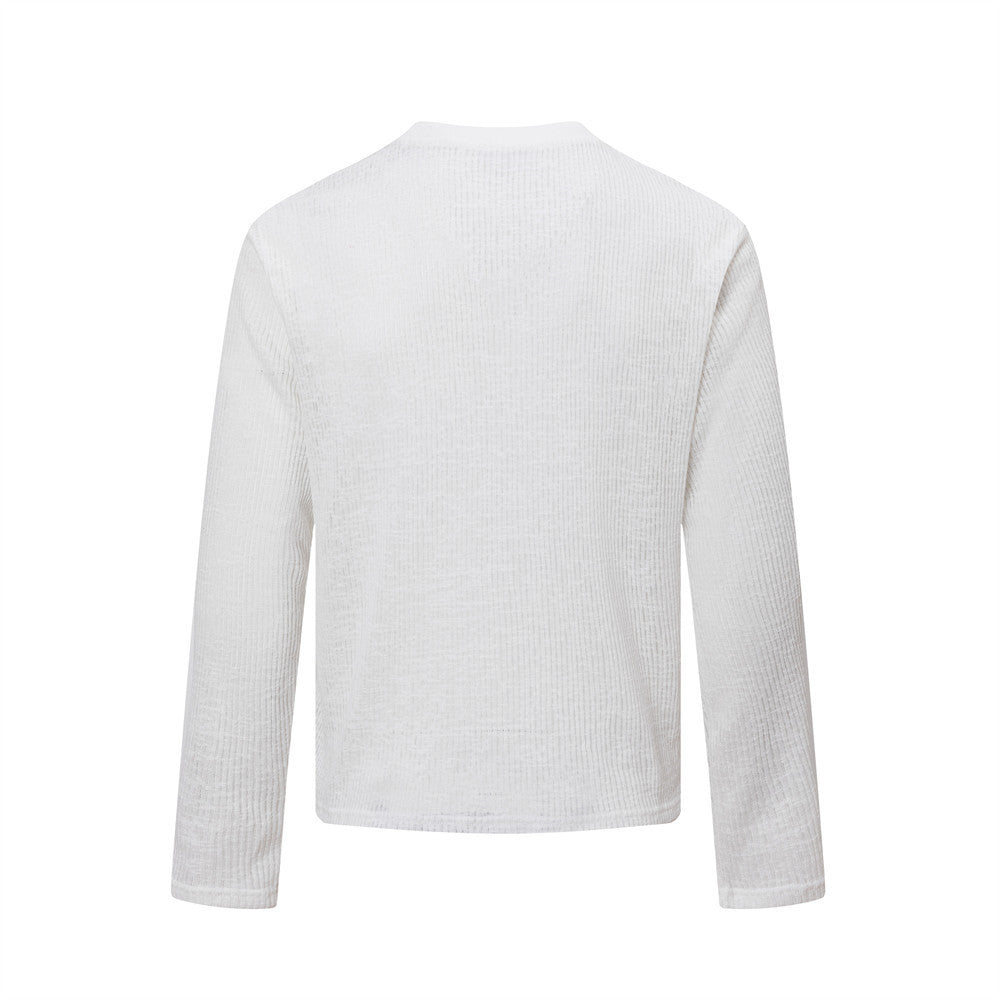 T-shirt côtelé à manches longues et motif tête de mort – Haut col rond streetwear sombre