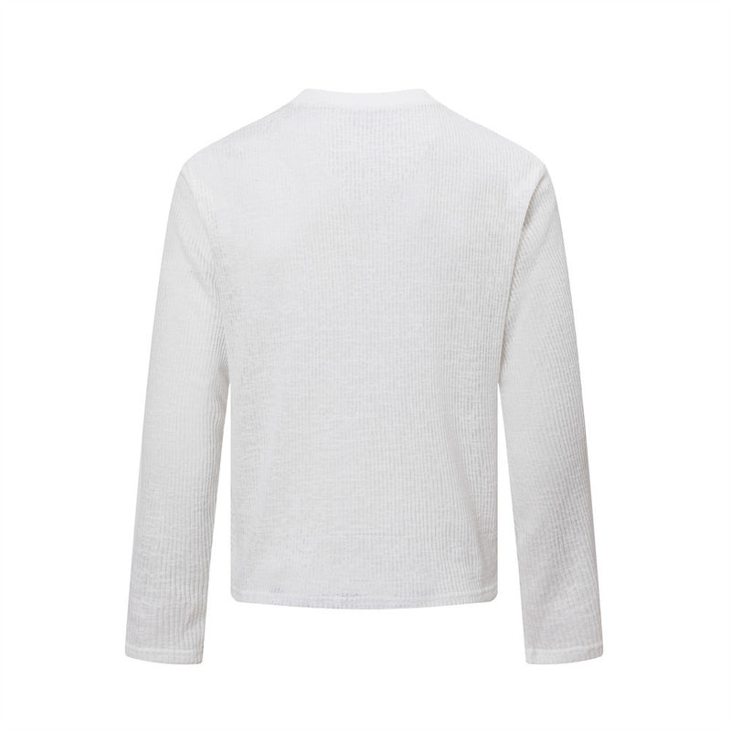 T-shirt côtelé à manches longues et motif tête de mort – Haut col rond streetwear sombre