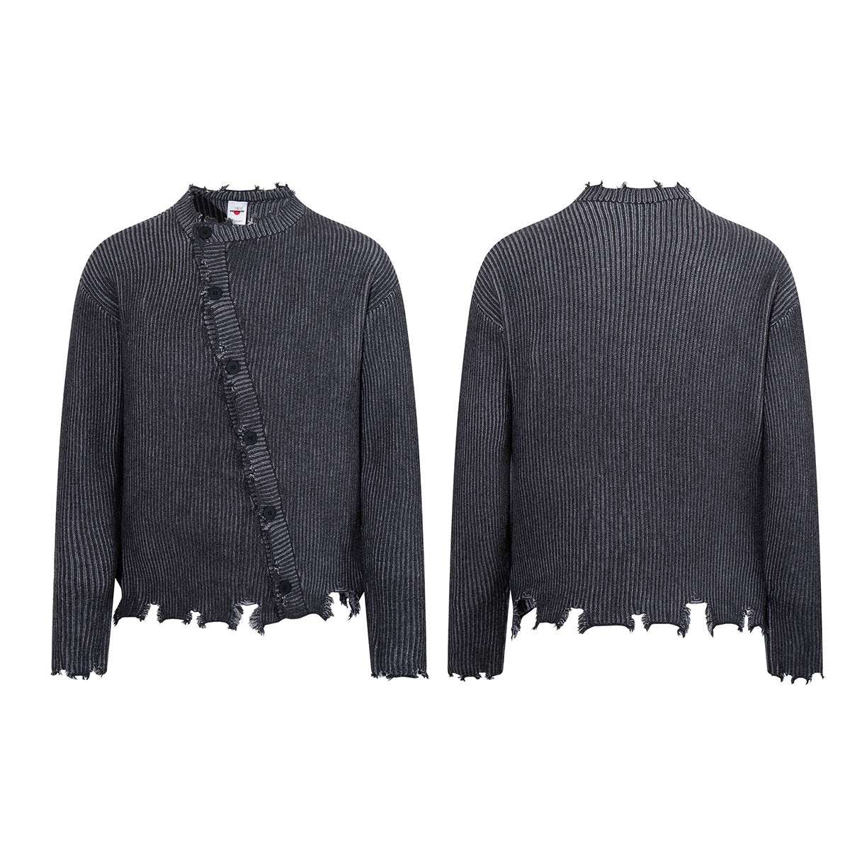Distressed Ribbed Knit Cardigan with Asymmetric Button Placket – Washed Grey