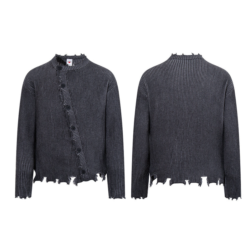 Distressed Ribbed Knit Cardigan with Asymmetric Button Placket – Washed Grey