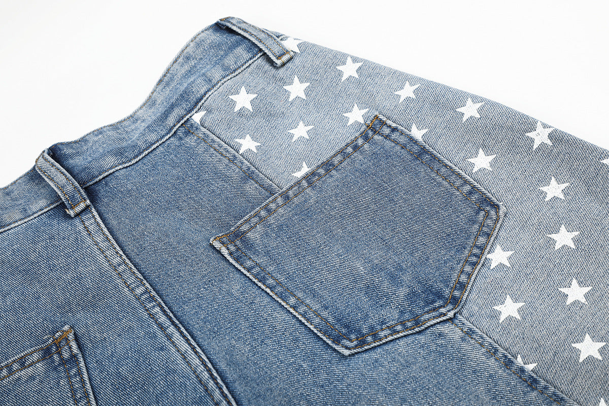 Baggy-Jeans mit weitem Bein – Denimhose mit Stern- und Streifen-Patchwork