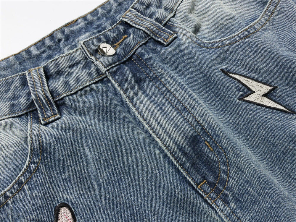 Wide-Leg Jeans with Embroidered Patches – Stars, Butterflies & Roses on Washed