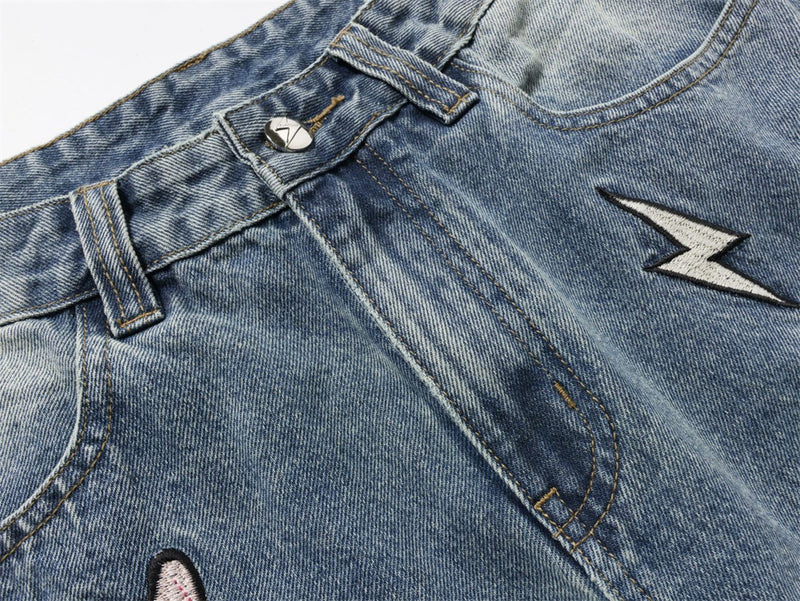 Wide-Leg Jeans with Embroidered Patches – Stars, Butterflies & Roses on Washed