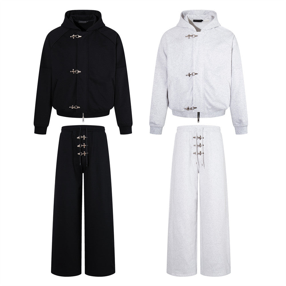 Men's oversized metal clasp hoodie and wide-leg sweatpants tracksuit set in black and heather grey