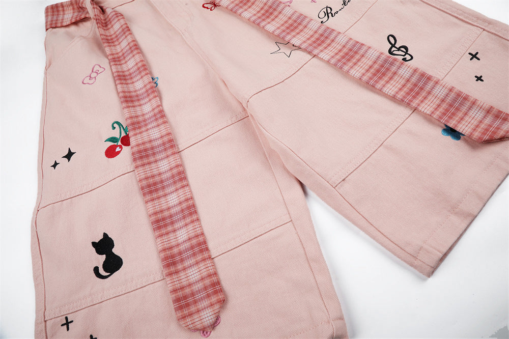 Cartoon Embroidery Wide-Leg Shorts with Plaid Tie Detail
