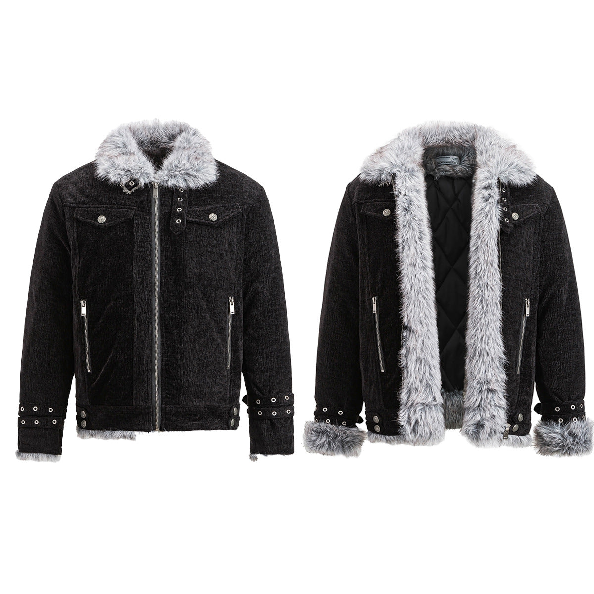 Faux Fur Lined Chenille Moto Jacket – Black Winter Biker Coat with Fur Collar &