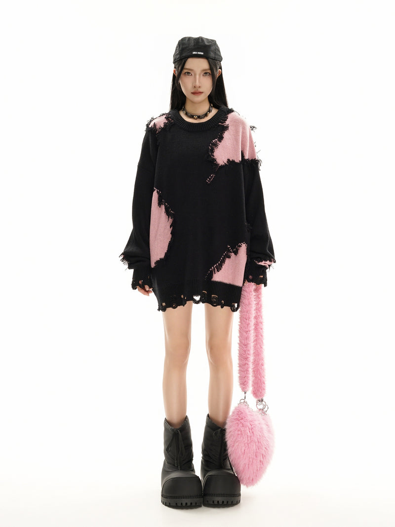 Pull en maille color block effet usé – Pull oversize à franges, style high-street