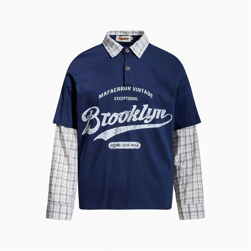 Navy Brooklyn vintage layered polo shirt with plaid collar and long sleeves, relaxed fit streetwear top
