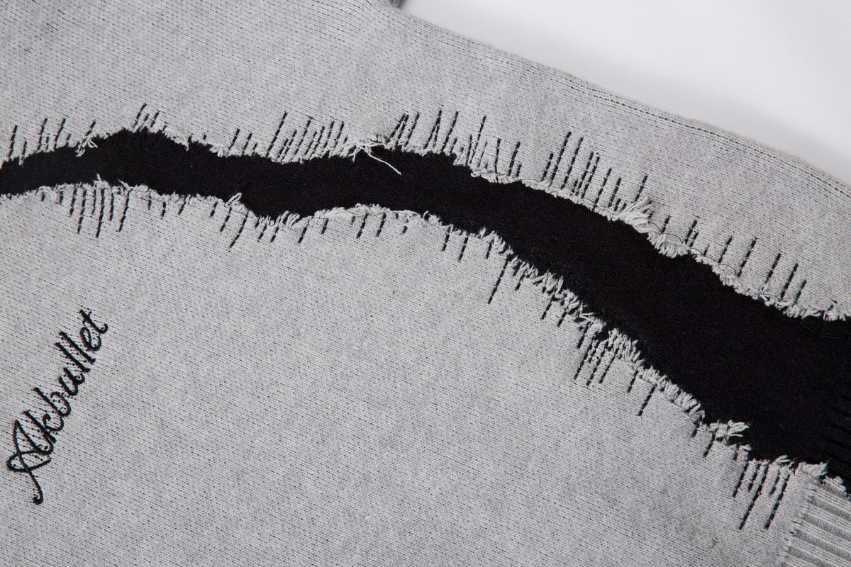 Distressed Knit Sweater with Double-Layer Collar and Raw-Edge Contrast Detail