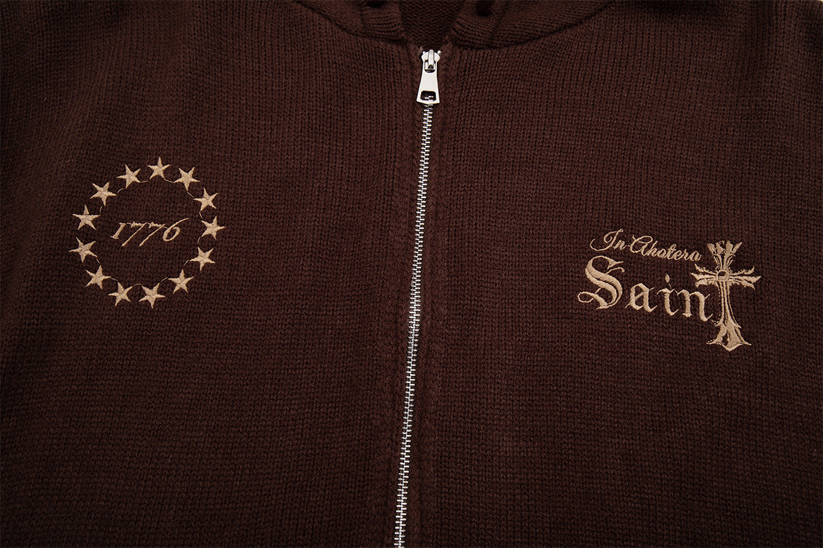 Sudadera de punto con cremallera y cruz gótica – Cárdigan de streetwear americano desgastado