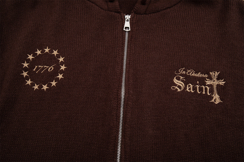 Sudadera de punto con cremallera y cruz gótica – Cárdigan de streetwear americano desgastado
