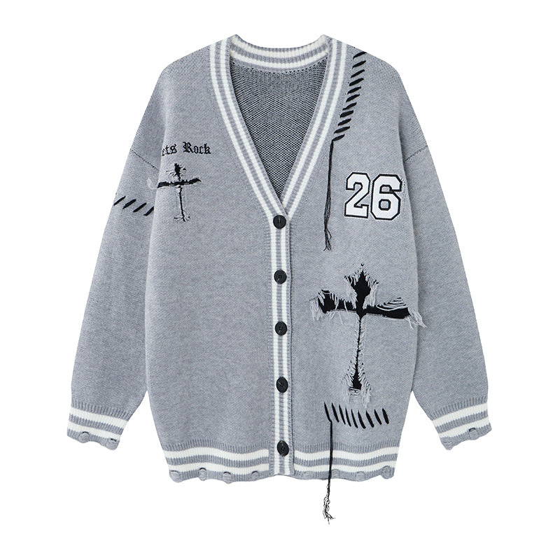 Strickcardigan mit Kreuzgrafik – Distressed-College-V-Ausschnitt, Oversize für Herren