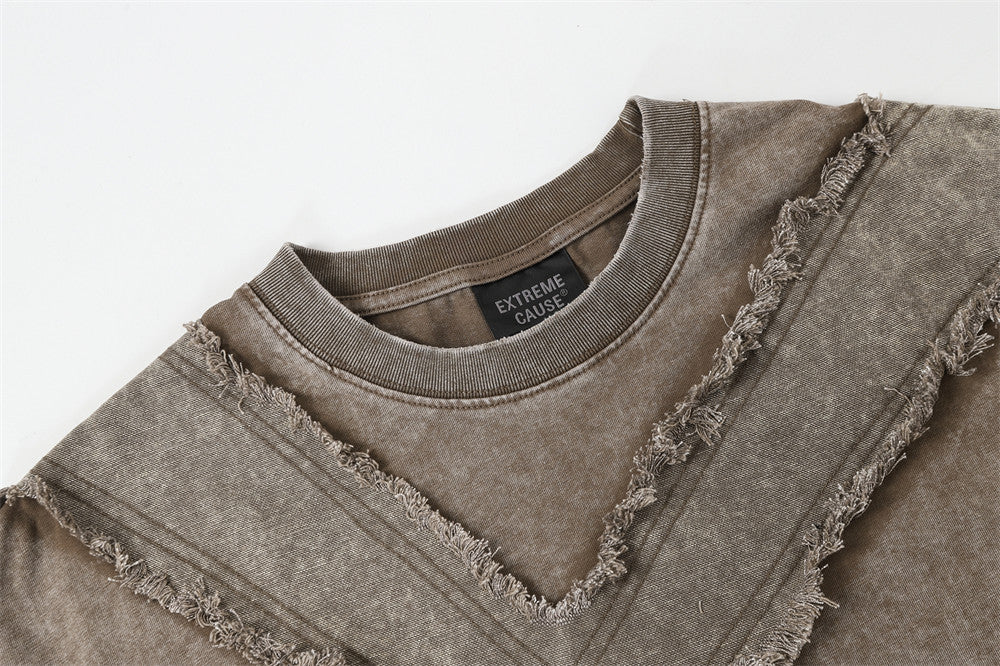 Men's Oversized Washed Cotton Tee with Frayed Cross Patchwork Design