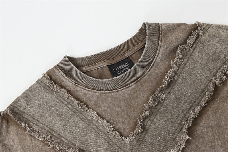 Men's Oversized Washed Cotton Tee with Frayed Cross Patchwork Design