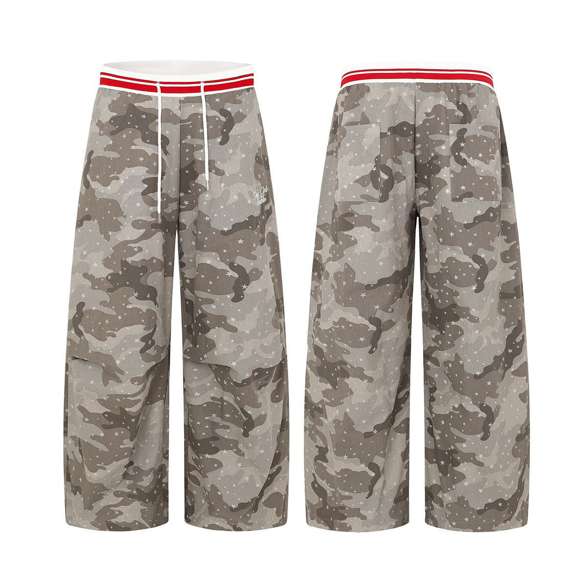 Wide-Leg-Cargohose im Camouflage-Look mit Sternprint und rot gestreiftem Taillenbund