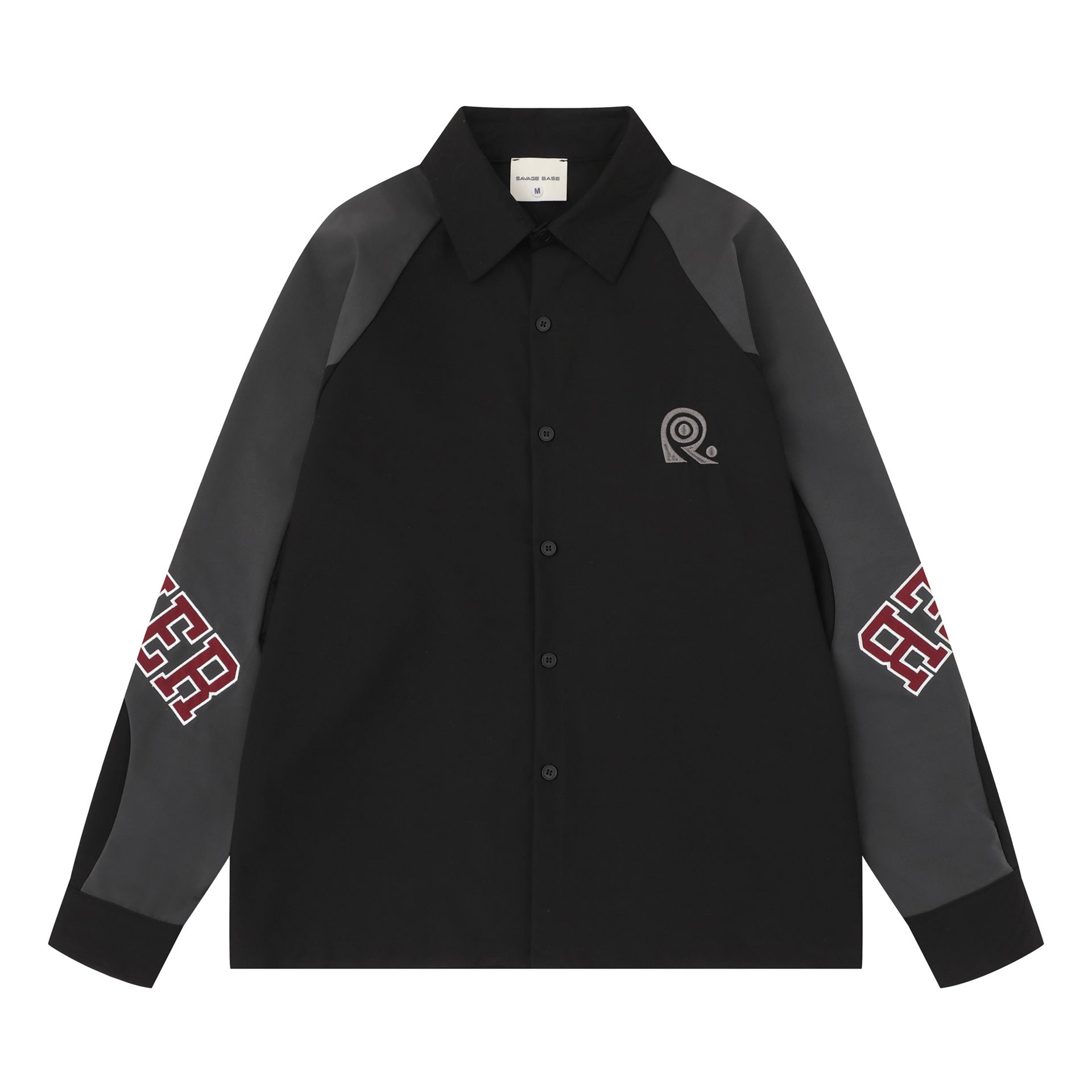 Men's oversized colorblock raglan long sleeve shirt with varsity letter embroidery on sleeves, shown in black/charcoal and sk