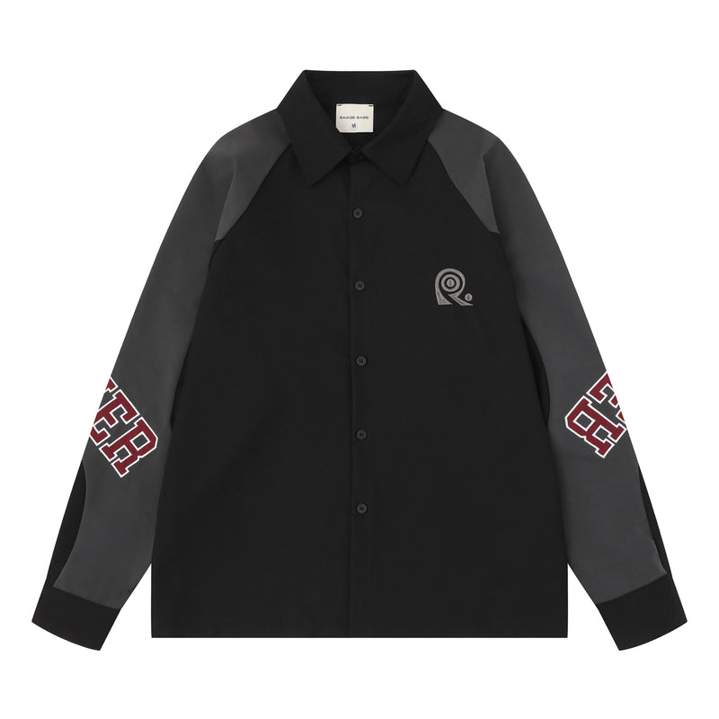 Men's oversized colorblock raglan long sleeve shirt with varsity letter embroidery on sleeves, shown in black/charcoal and sk