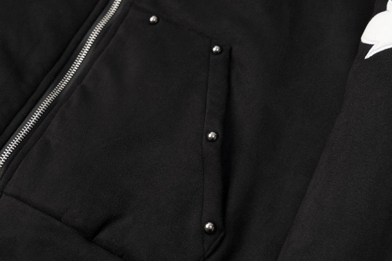 Black Fur-Trim Hooded Bomber Jacket with Arrow Appliqué Sleeves