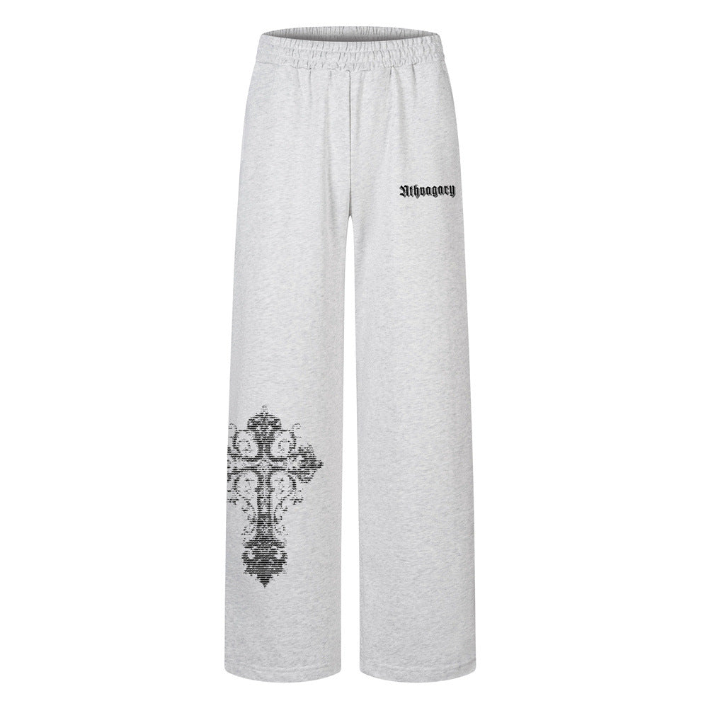 Sweatpants mit gotischem Kreuz-Print und weitem Bein – lockere Streetwear-Hose