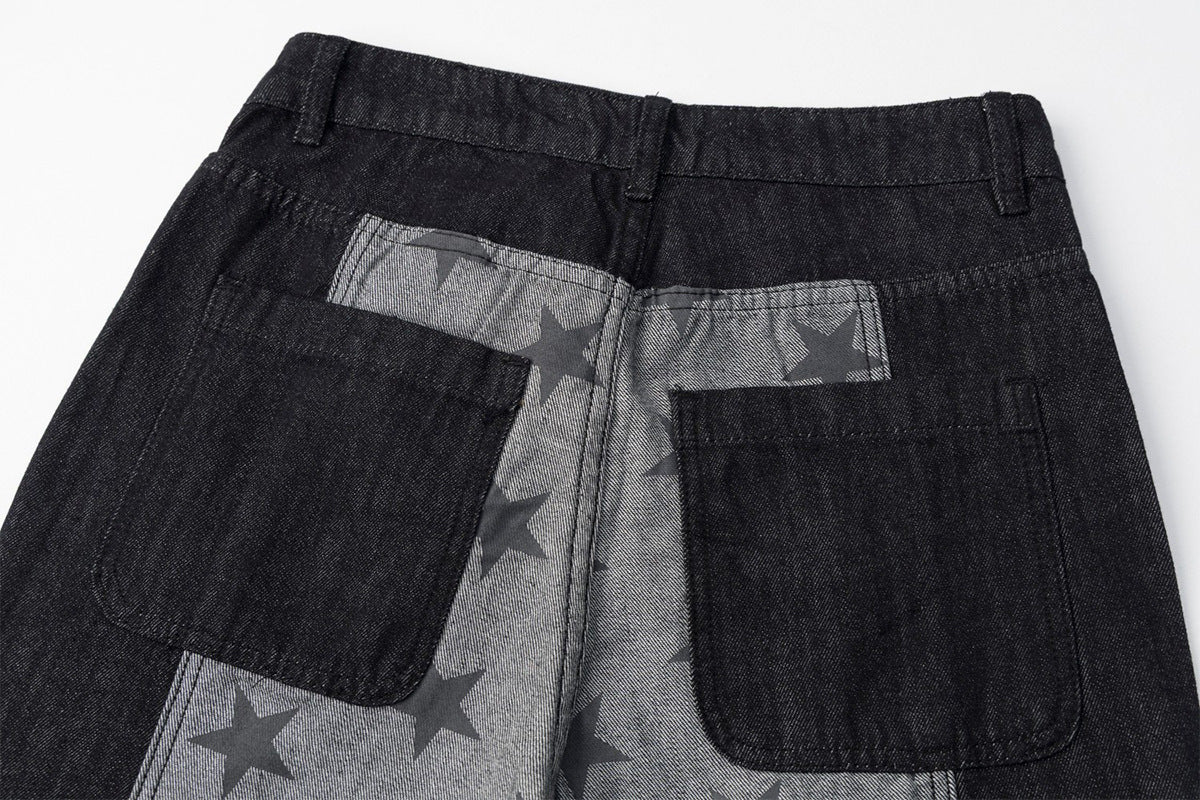 Jean noir super baggy – Denim large à empiècements et imprimé étoiles