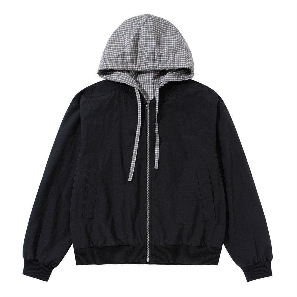 Men's black zip-up hoodie jacket with grey plaid contrast hood, front and back view
