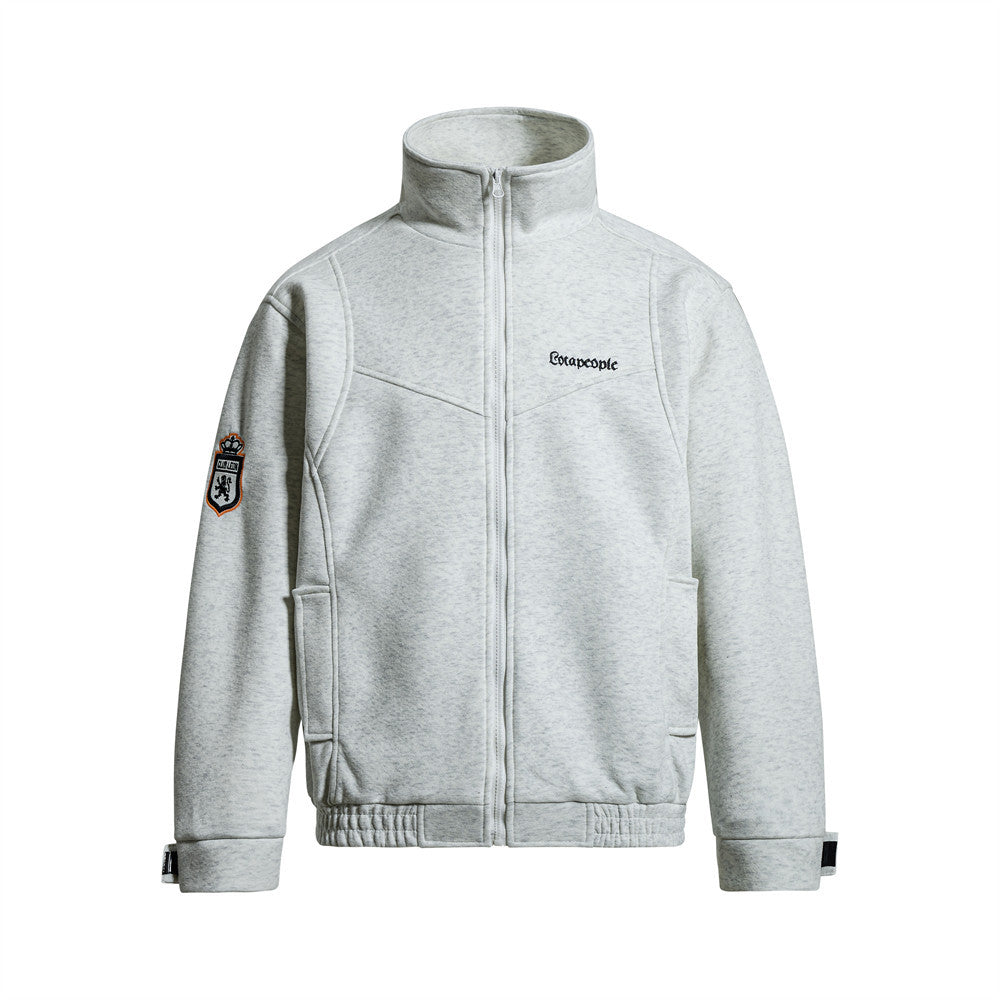 Men's mock neck full-zip track jacket in heather grey with embroidered logo and heraldic crest sleeve patch