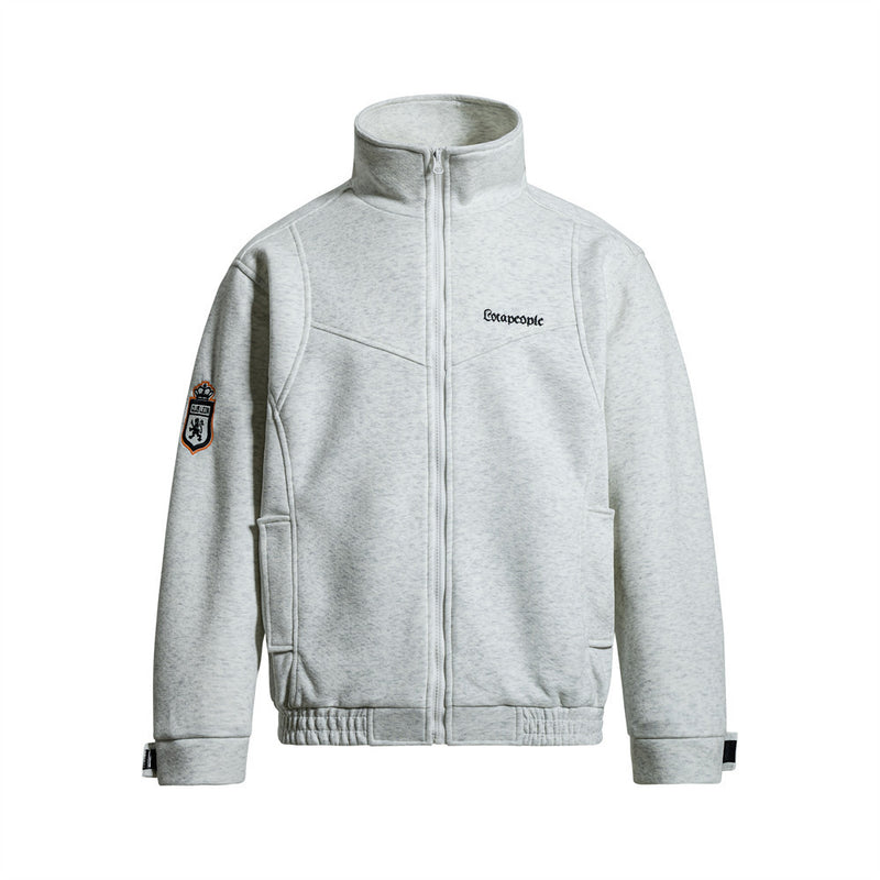 Men's mock neck full-zip track jacket in heather grey with embroidered logo and heraldic crest sleeve patch