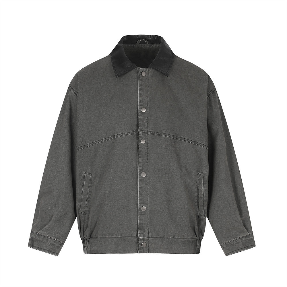 Men's oversized acid-washed snap-button workwear jacket with contrast faux-leather collar in charcoal grey