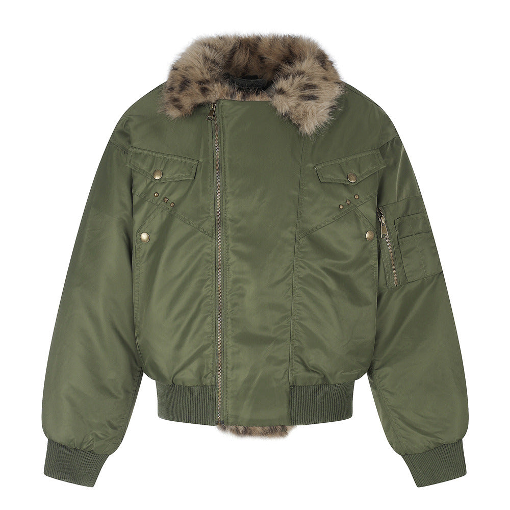 Men's Army Green Bomber Jacket with Leopard Faux Fur Collar & Rivet Detail