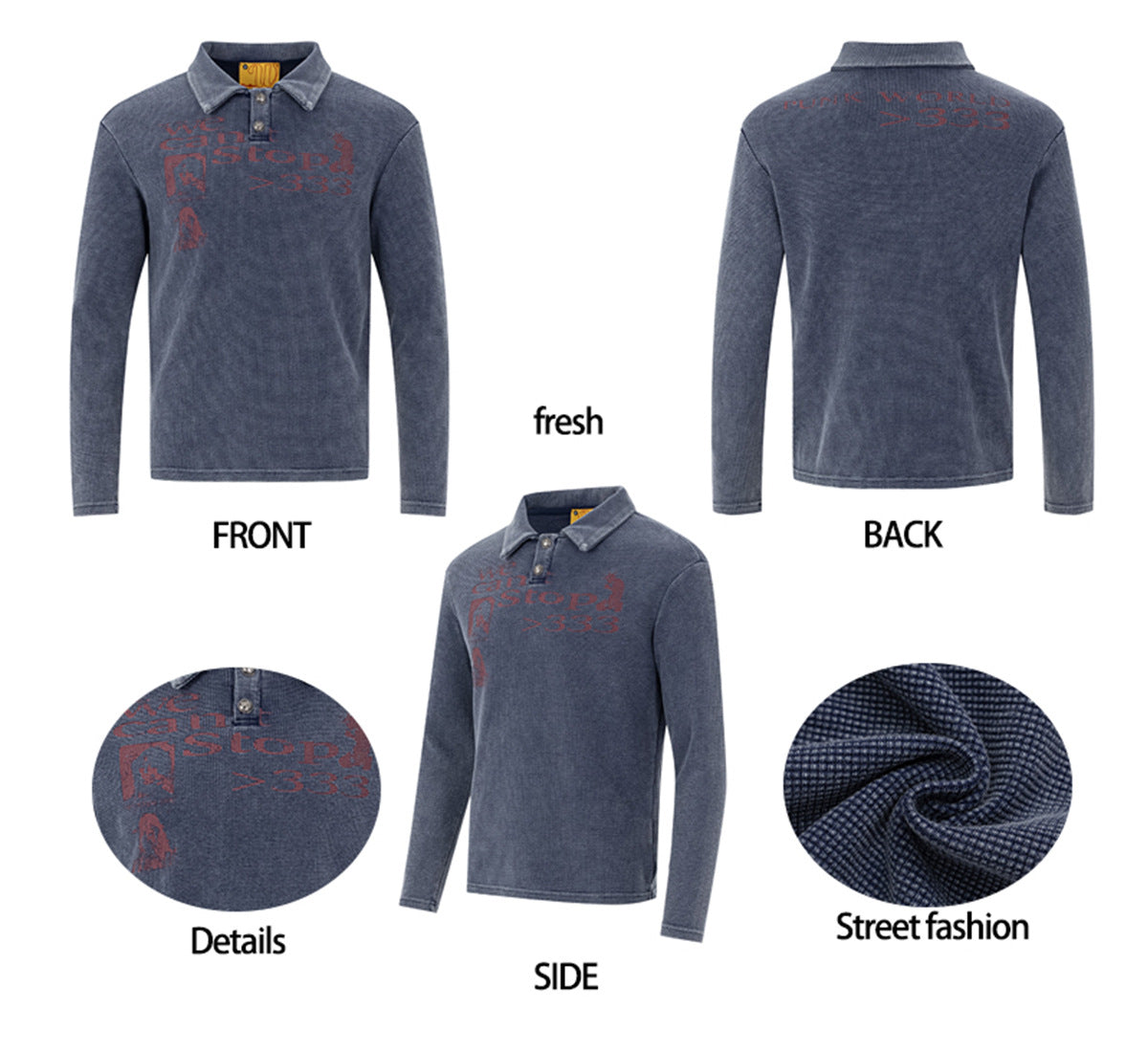 Polo manches longues – T-shirt graphique de créateur en maille gaufrée délavée