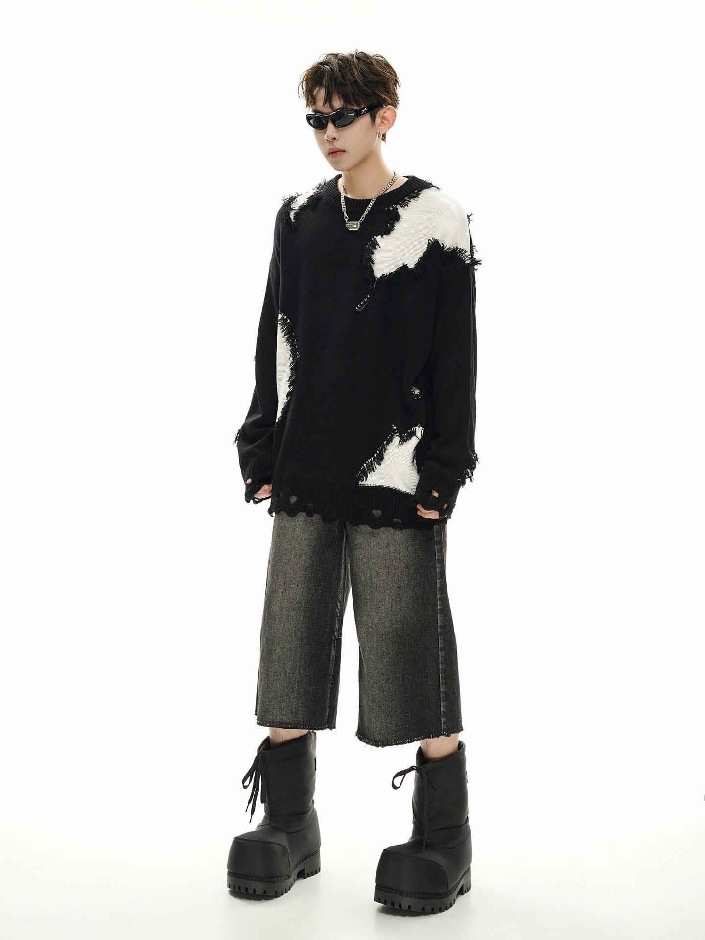 Pull en maille color block effet usé – Pull oversize à franges, style high-street
