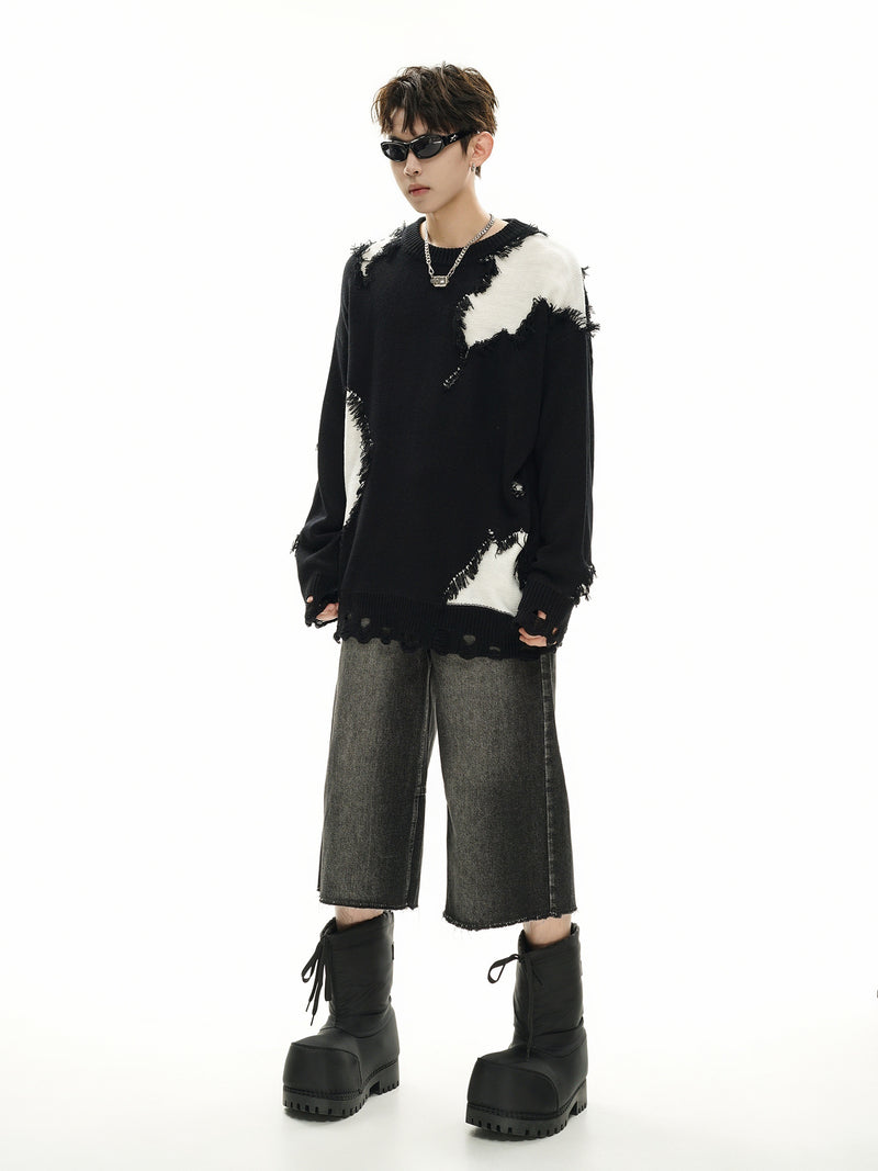 Pull en maille color block effet usé – Pull oversize à franges, style high-street