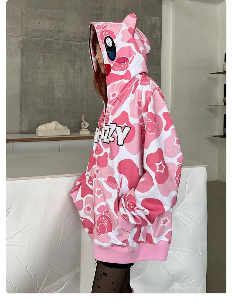 Pink Kirby-Inspired Hoodie - 400GSM Cotton with Camo Design and 3D Ears