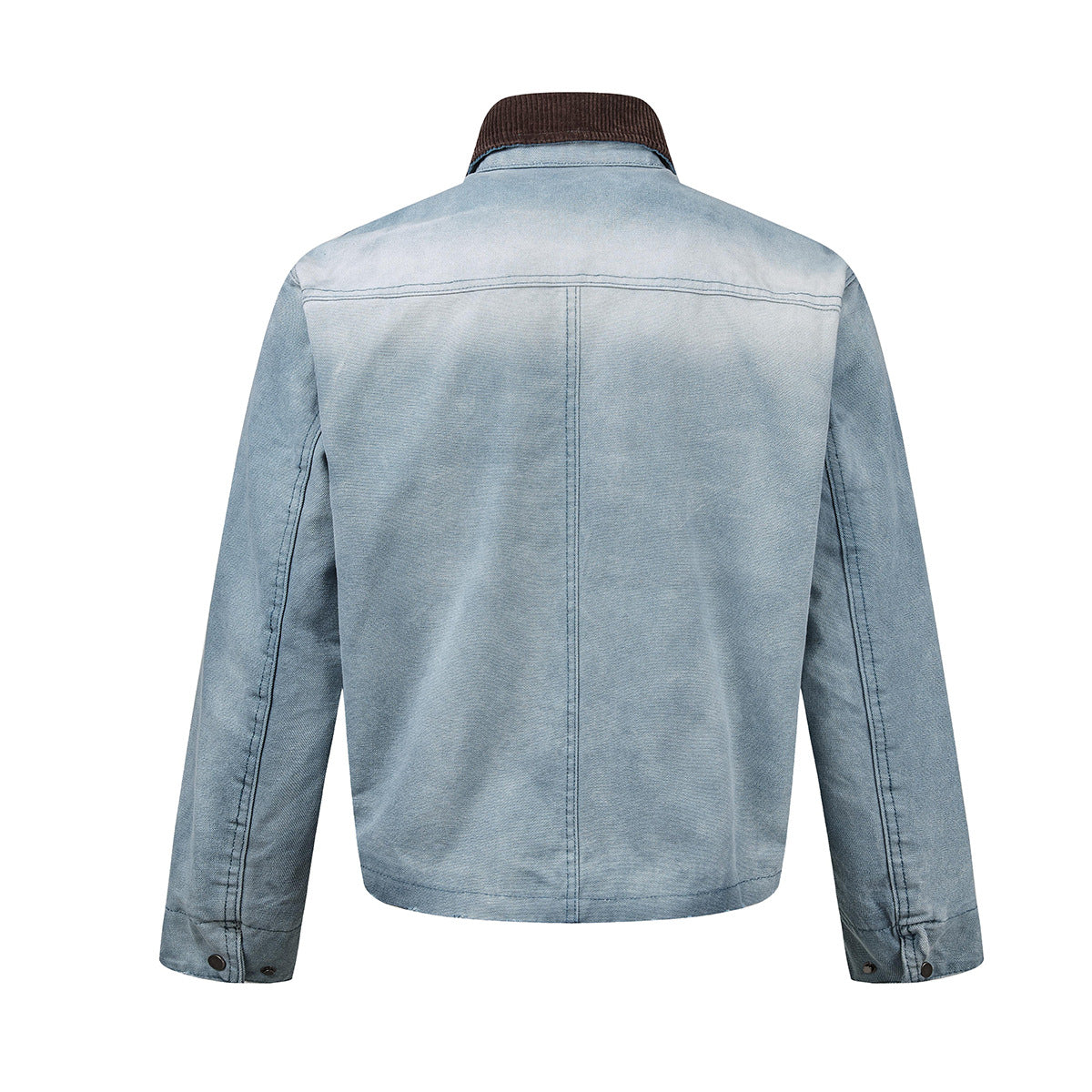Boxy Washed Denim Workwear Jacket with Corduroy Collar & Clasp Closure