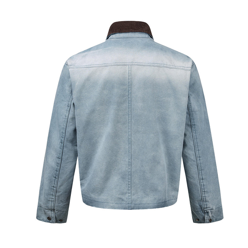 Boxy Washed Denim Workwear Jacket with Corduroy Collar & Clasp Closure