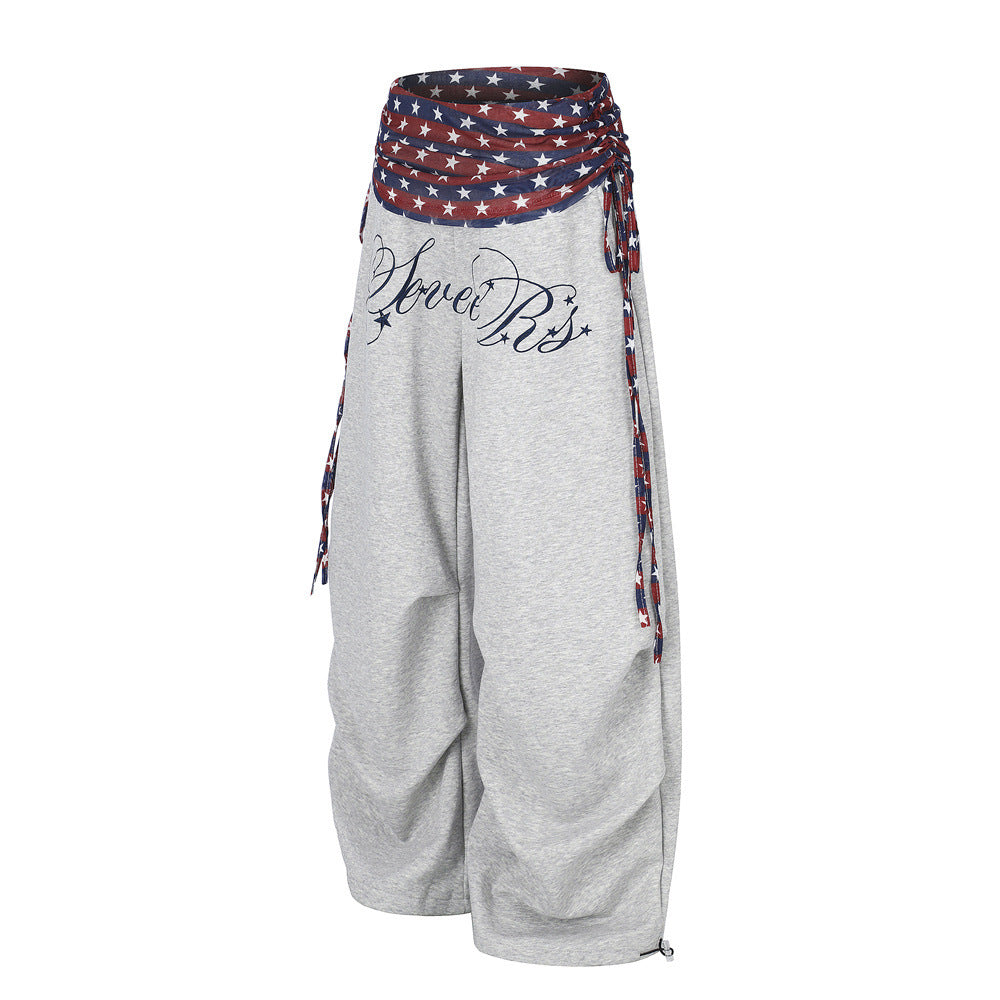 Wide-Leg Star & Stripe Waistband Pants with Side Drawstring Detail