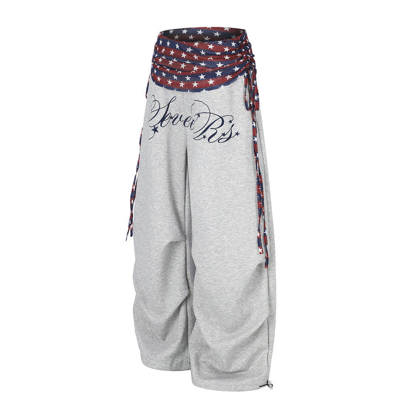 Wide-Leg Star & Stripe Waistband Pants with Side Drawstring Detail