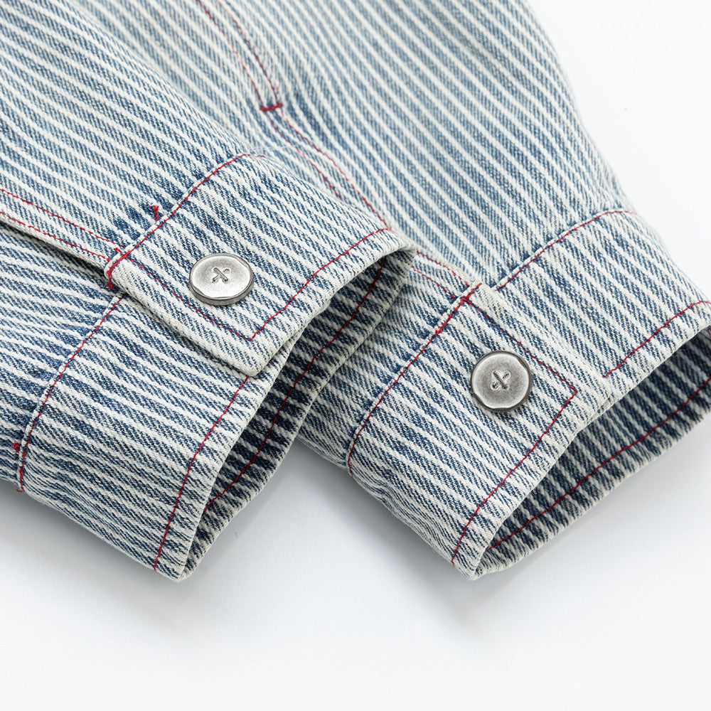 Hickory Stripe Denim Zip Jacket – Men's Workwear-Inspired Drawstring Hem Coat