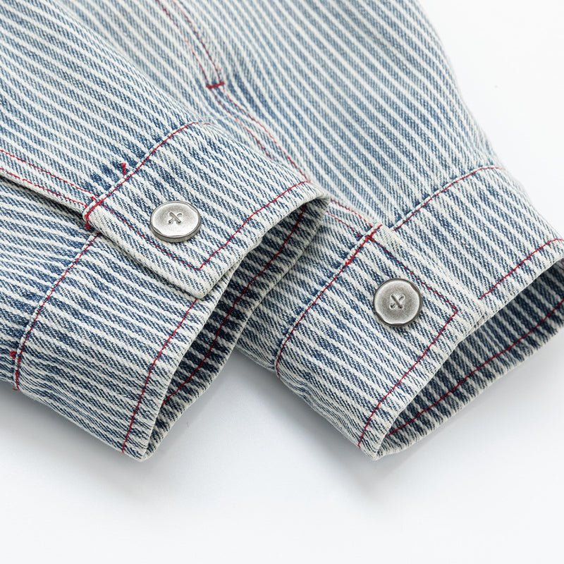 Hickory Stripe Denim Zip Jacket – Men's Workwear-Inspired Drawstring Hem Coat