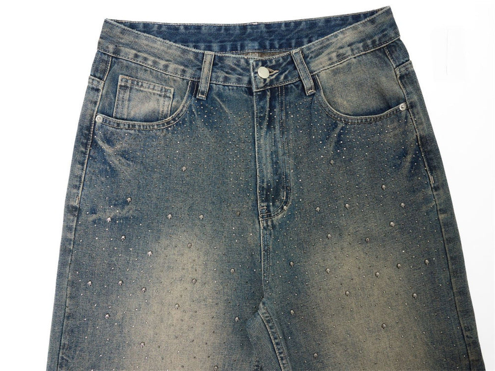 Wide-Leg Jeans Men – Vintage Wash Rhinestone Straight-Fit Denim