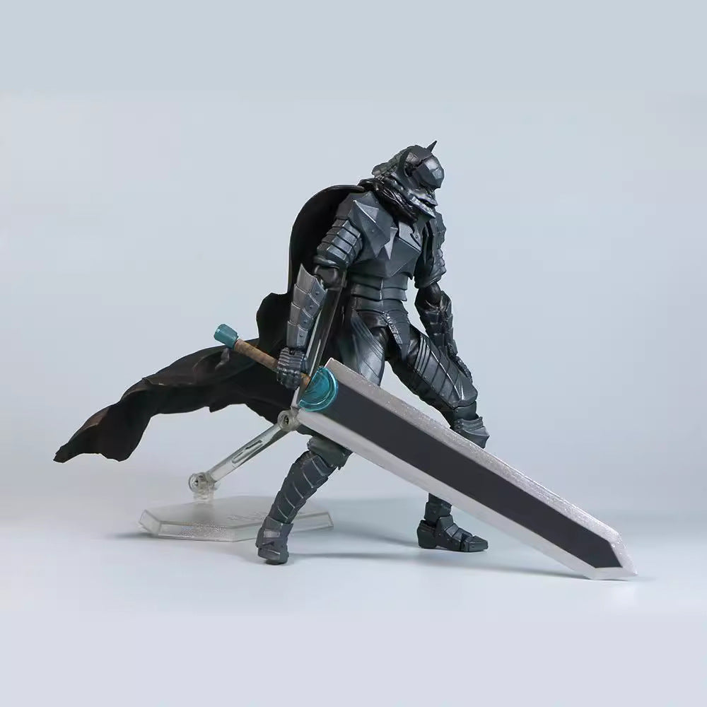 The Berserk Brand Marked Guts Berserker Armor Action Figure is a 16 cm fully poseable PVC statue, featuring a knight in dark armor with a cape and blue-handled large sword, mounted on a transparent stand against a light gray background—perfect for any fan of the series.