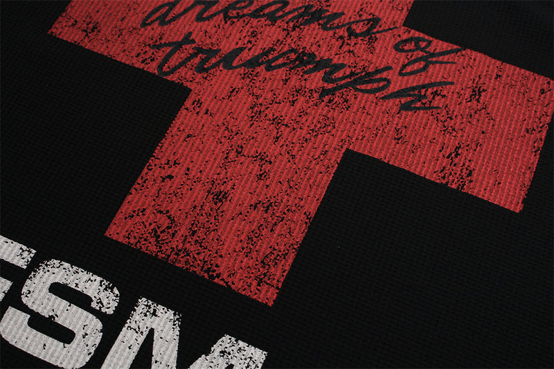 Oversized Long Sleeve T-Shirt with Red Cross & Letter Print, Waffle-Knit