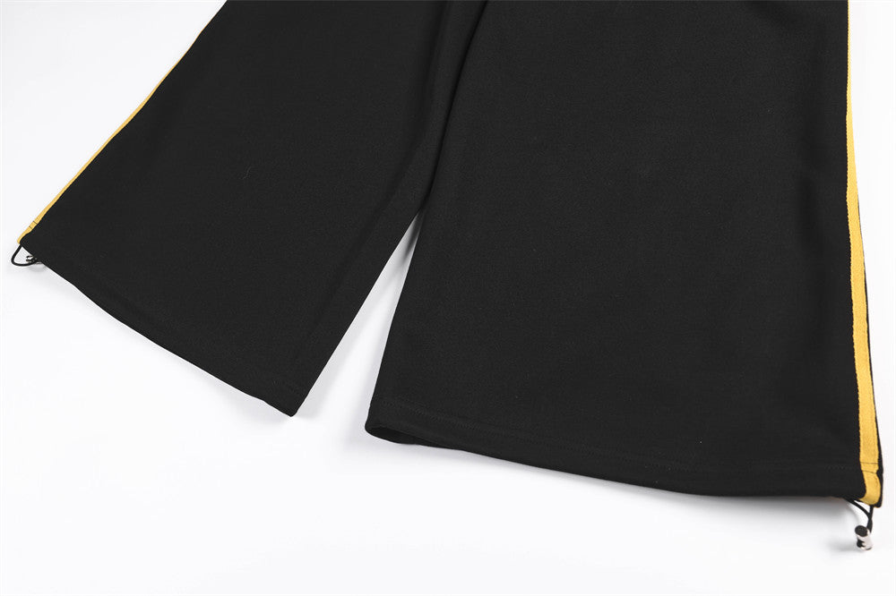 Wide-Leg Track Pants with Gold Side Stripes & Crest Embroidery
