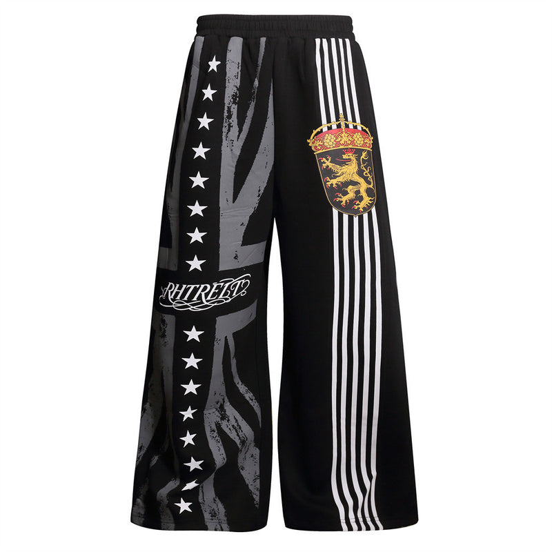 Men's Wide-Leg Sweatpants with Star, Stripe & Heraldic Crest Print