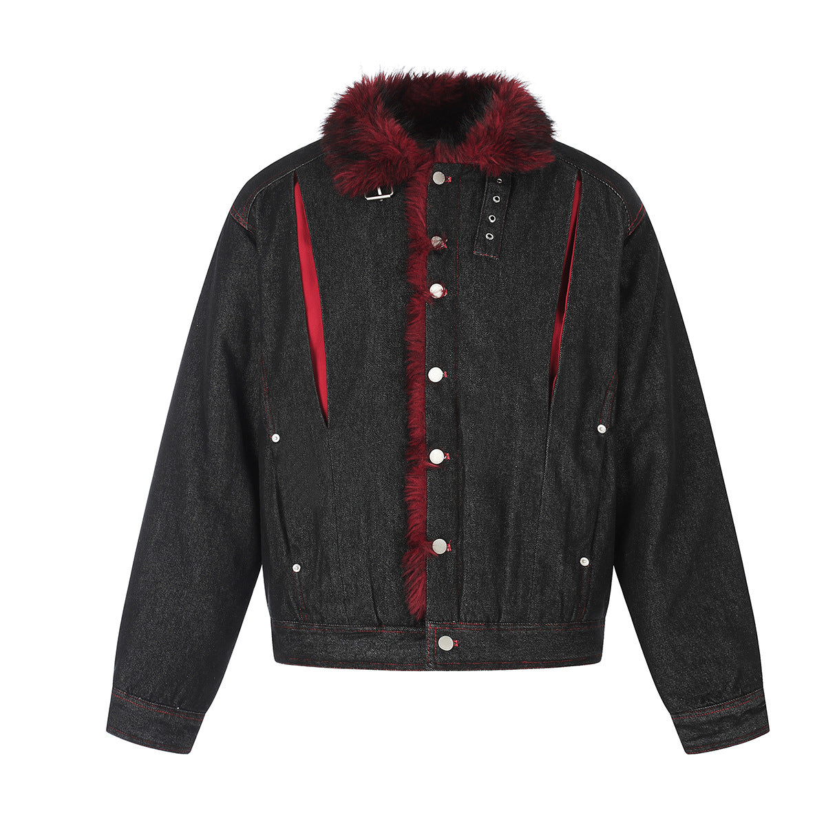 Black Denim Fur Collar Padded Jacket with Red Trim & Snap Buttons