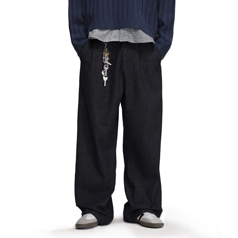 Wide-Leg Straight Casual Pants for Men — Relaxed Fit Pleated Denim Trousers