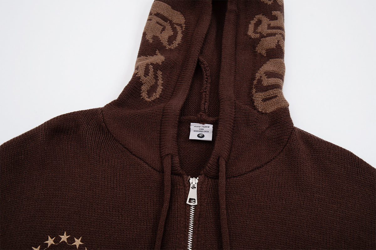 Sudadera de punto con cremallera y cruz gótica – Cárdigan de streetwear americano desgastado